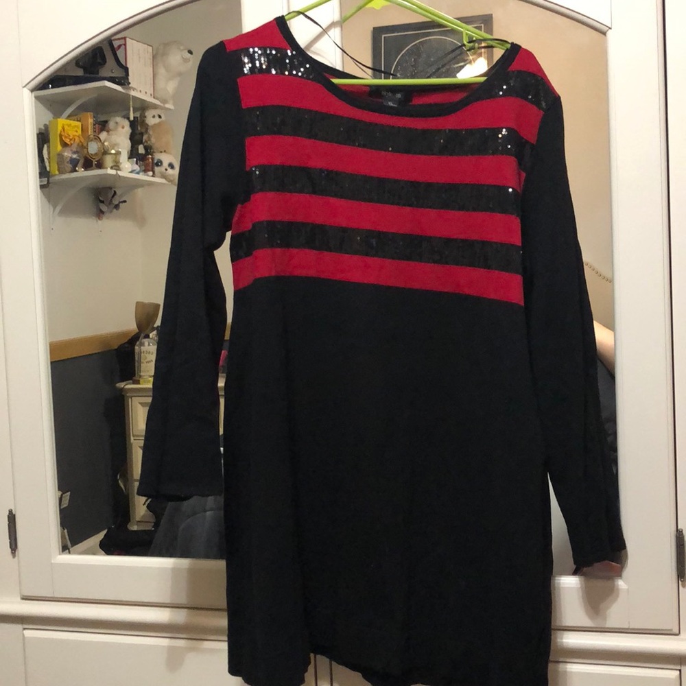 Black and red striped dress with sequined top